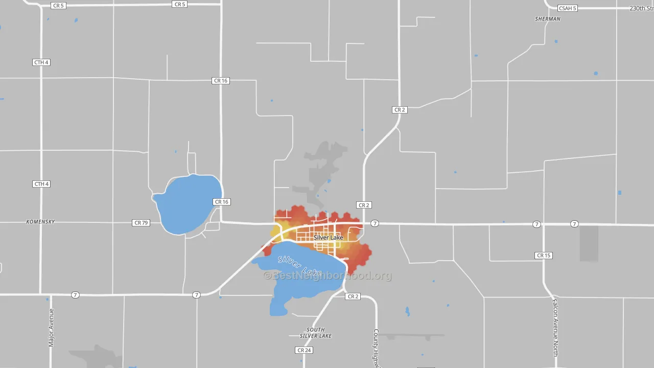 Walk Grade map of 55381, MN, walkable areas in green and car-dependent areas in red