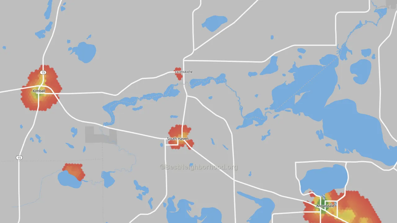 Walk Grade map of 55382, MN, walkable areas in green and car-dependent areas in red