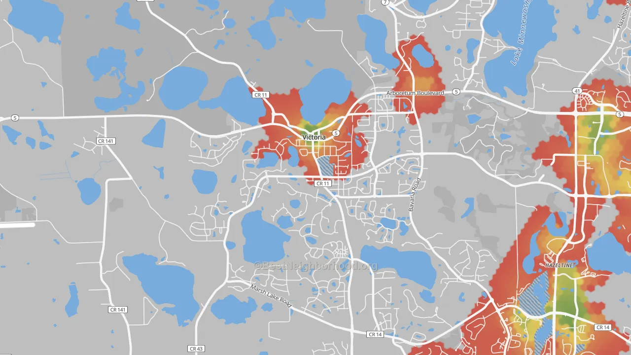 Walk Grade map of 55386, MN, walkable areas in green and car-dependent areas in red