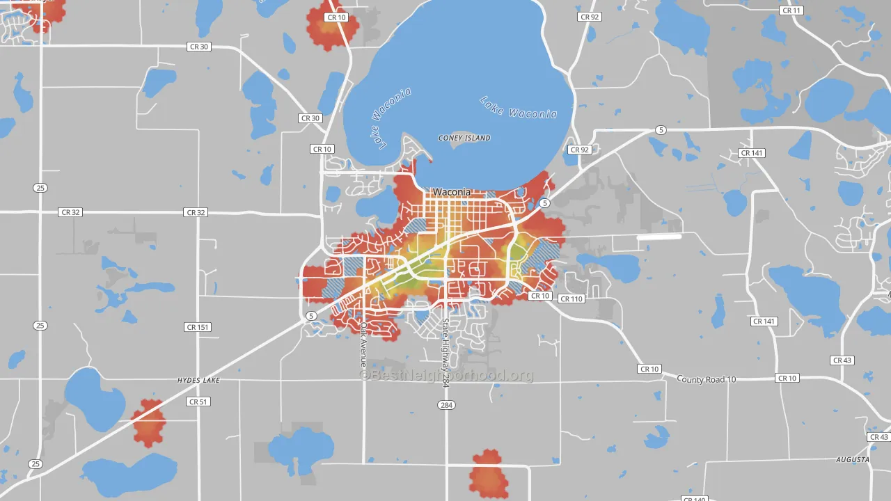 Walk Grade map of 55387, MN, walkable areas in green and car-dependent areas in red