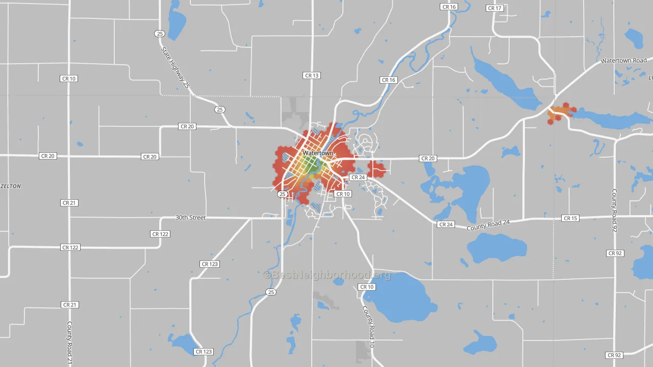 Walk Grade map of 55388, MN, walkable areas in green and car-dependent areas in red