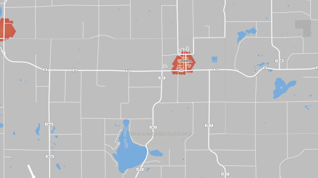 Walk Grade map of 55389, MN, walkable areas in green and car-dependent areas in red