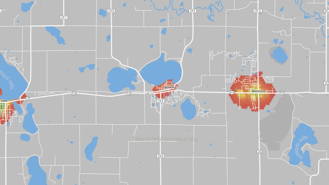 Walk Grade map of 55390, MN, walkable areas in green and car-dependent areas in red