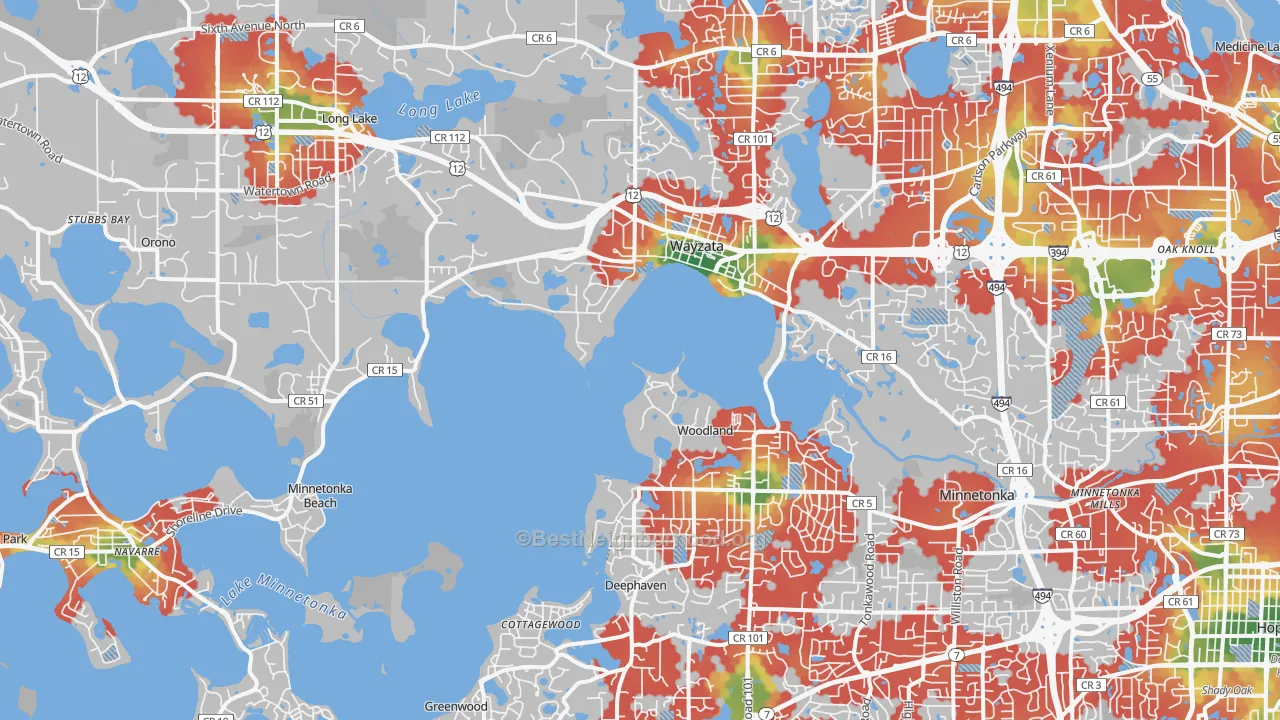 Walk Grade map of 55391, MN, walkable areas in green and car-dependent areas in red