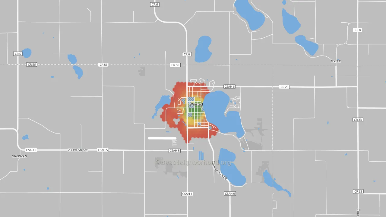 Walk Grade map of 55395, MN, walkable areas in green and car-dependent areas in red