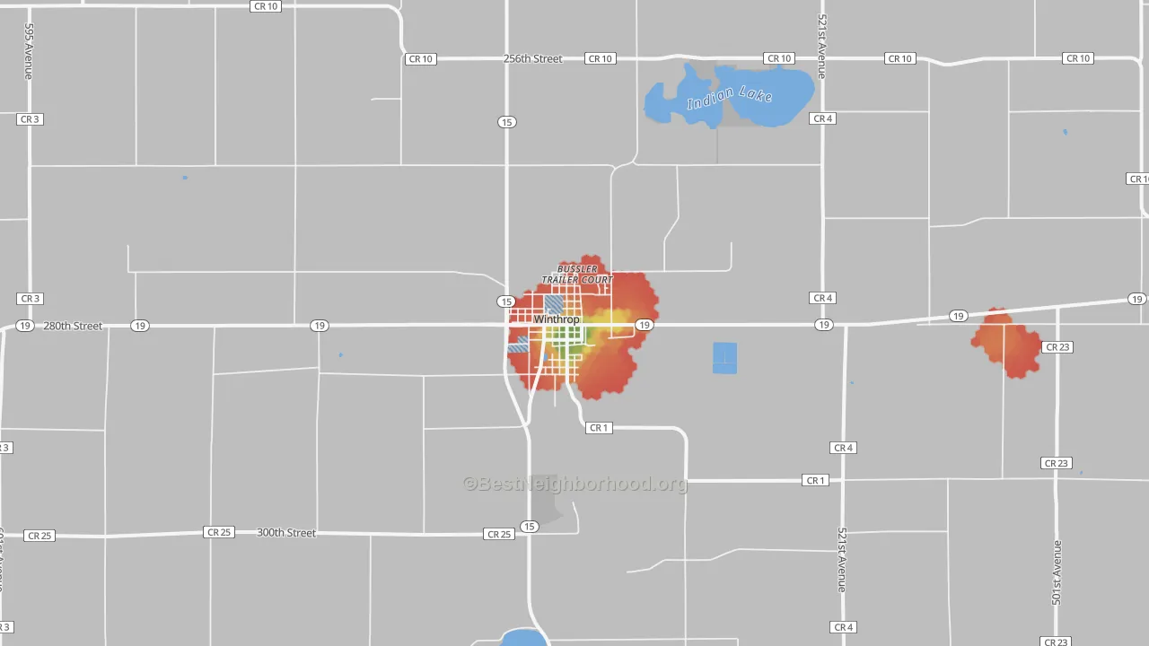 Walk Grade map of 55396, MN, walkable areas in green and car-dependent areas in red