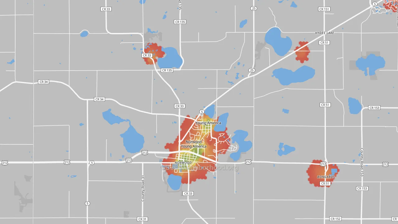 Walk Grade map of 55397, MN, walkable areas in green and car-dependent areas in red