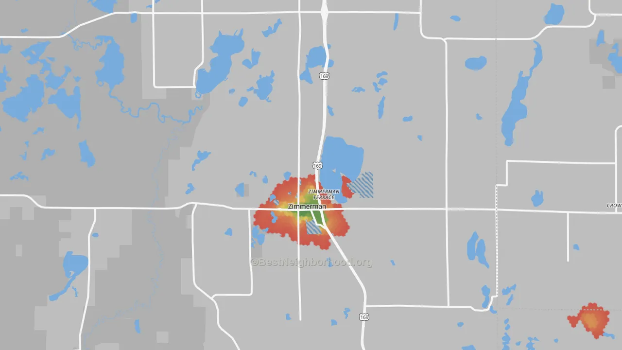 Walk Grade map of 55398, MN, walkable areas in green and car-dependent areas in red