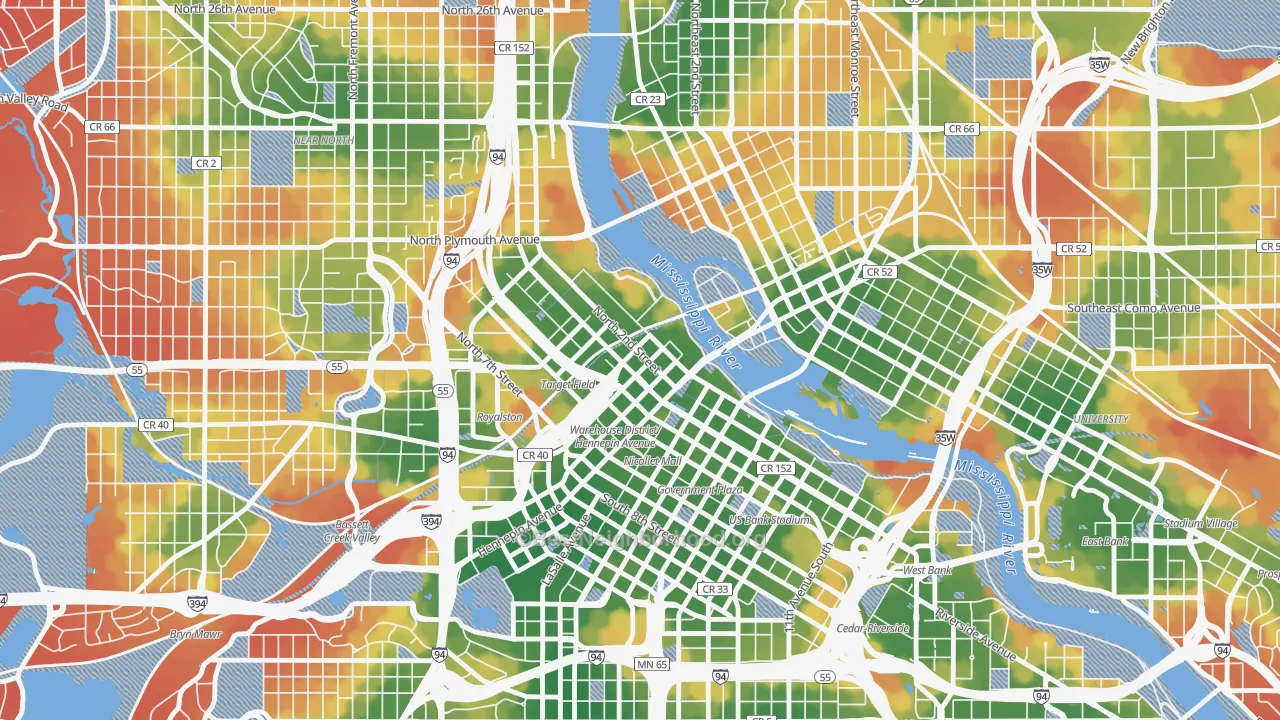 Walk Grade map of 55401, MN, walkable areas in green and car-dependent areas in red