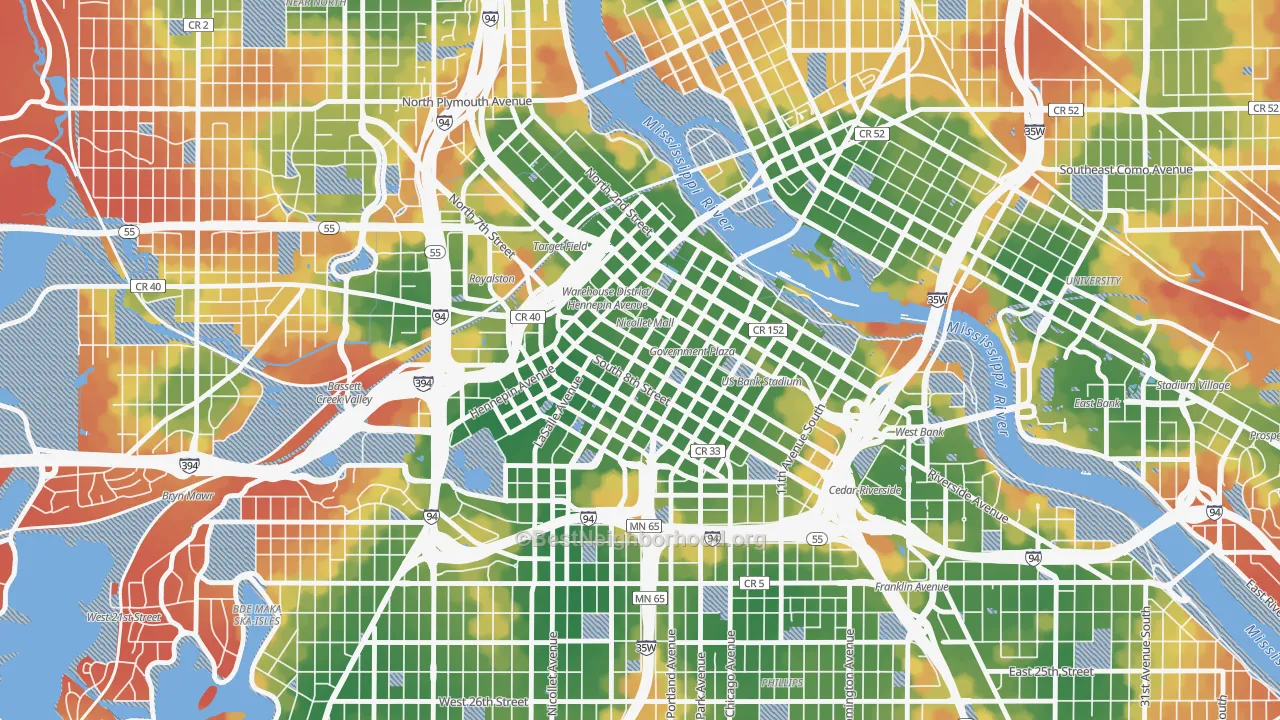 Walk Grade map of 55402, MN, walkable areas in green and car-dependent areas in red