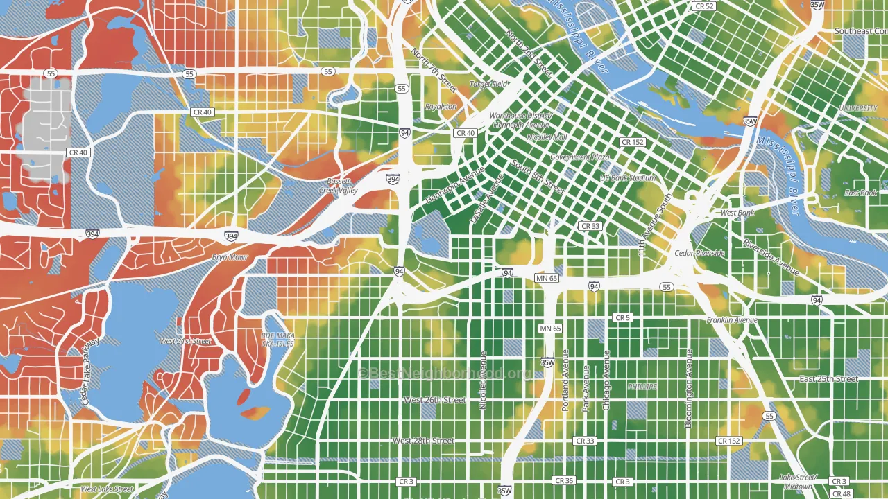 Walk Grade map of 55403, MN, walkable areas in green and car-dependent areas in red