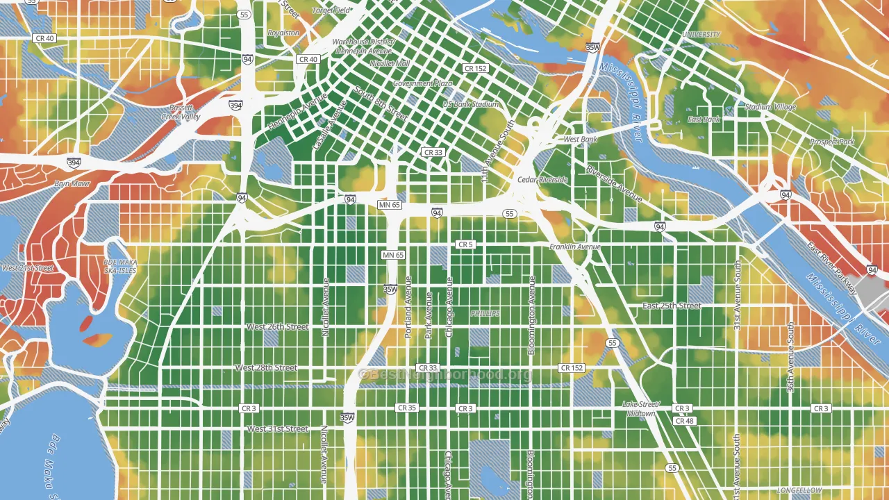 Walk Grade map of 55404, MN, walkable areas in green and car-dependent areas in red