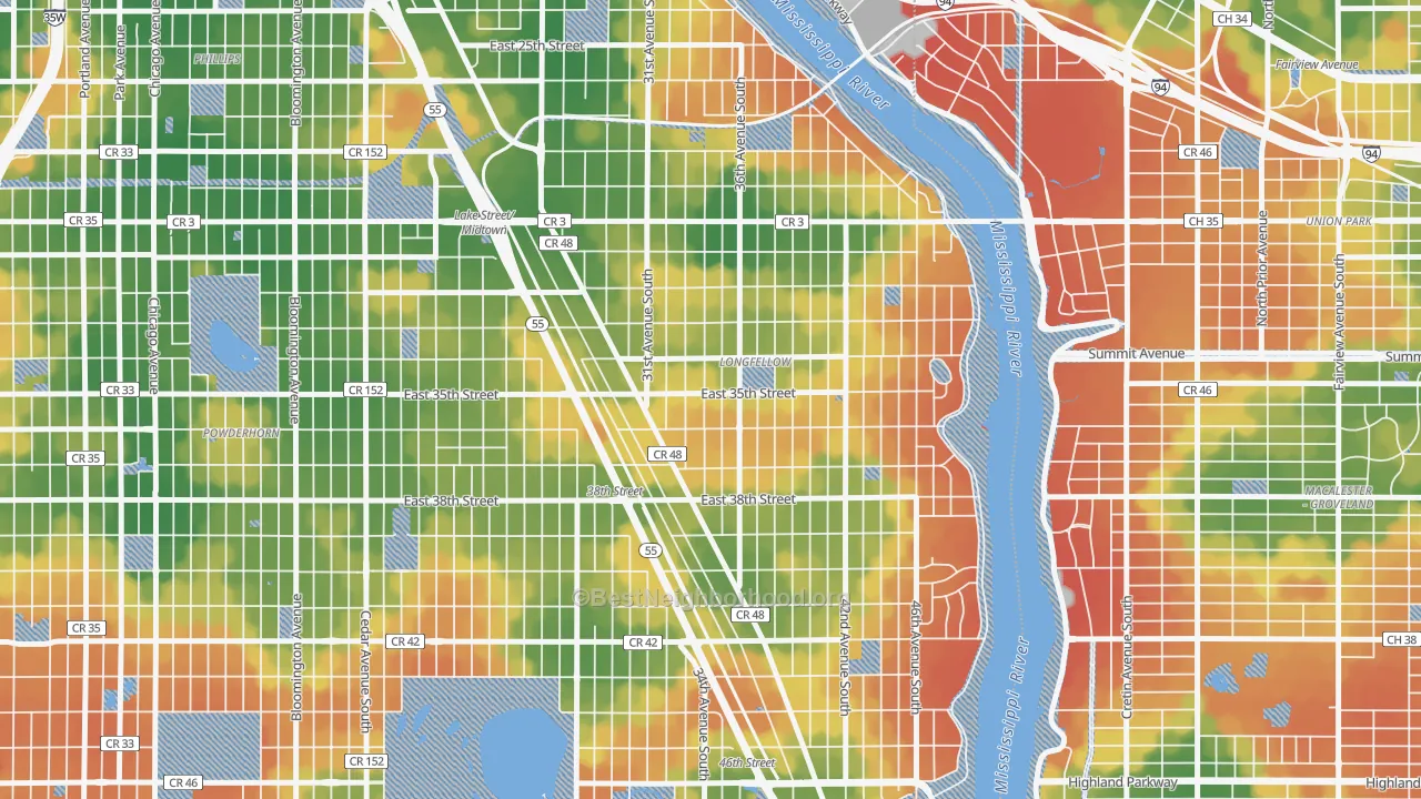 Walk Grade map of 55406, MN, walkable areas in green and car-dependent areas in red