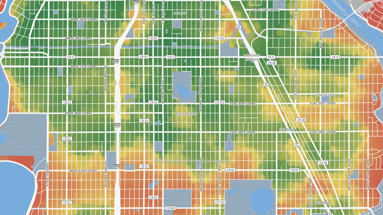 Walk Grade map of 55407, MN, walkable areas in green and car-dependent areas in red