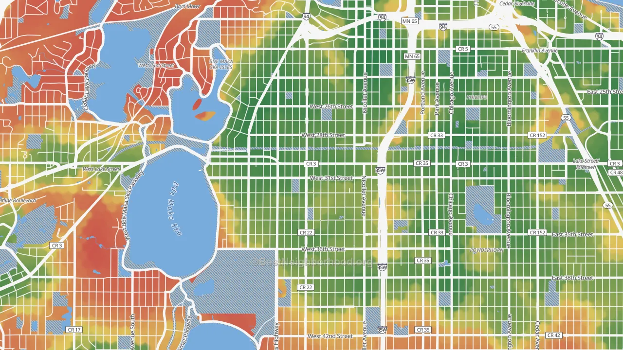 Walk Grade map of 55408, MN, walkable areas in green and car-dependent areas in red