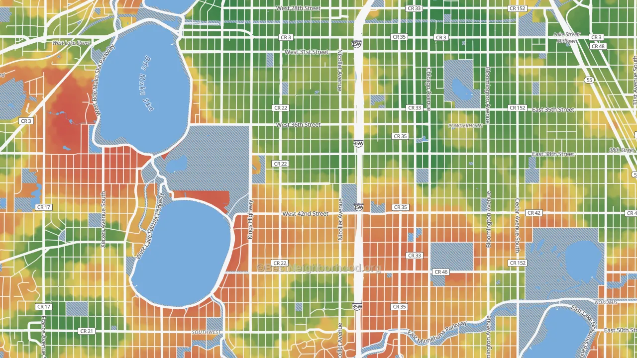 Walk Grade map of 55409, MN, walkable areas in green and car-dependent areas in red