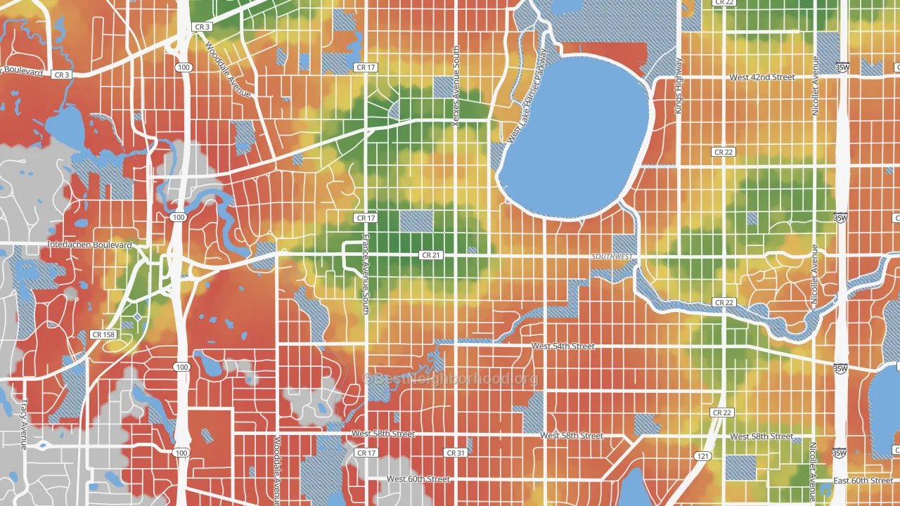 Walk Grade map of 55410, MN, walkable areas in green and car-dependent areas in red