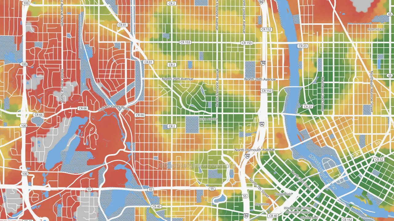 Walk Grade map of 55411, MN, walkable areas in green and car-dependent areas in red