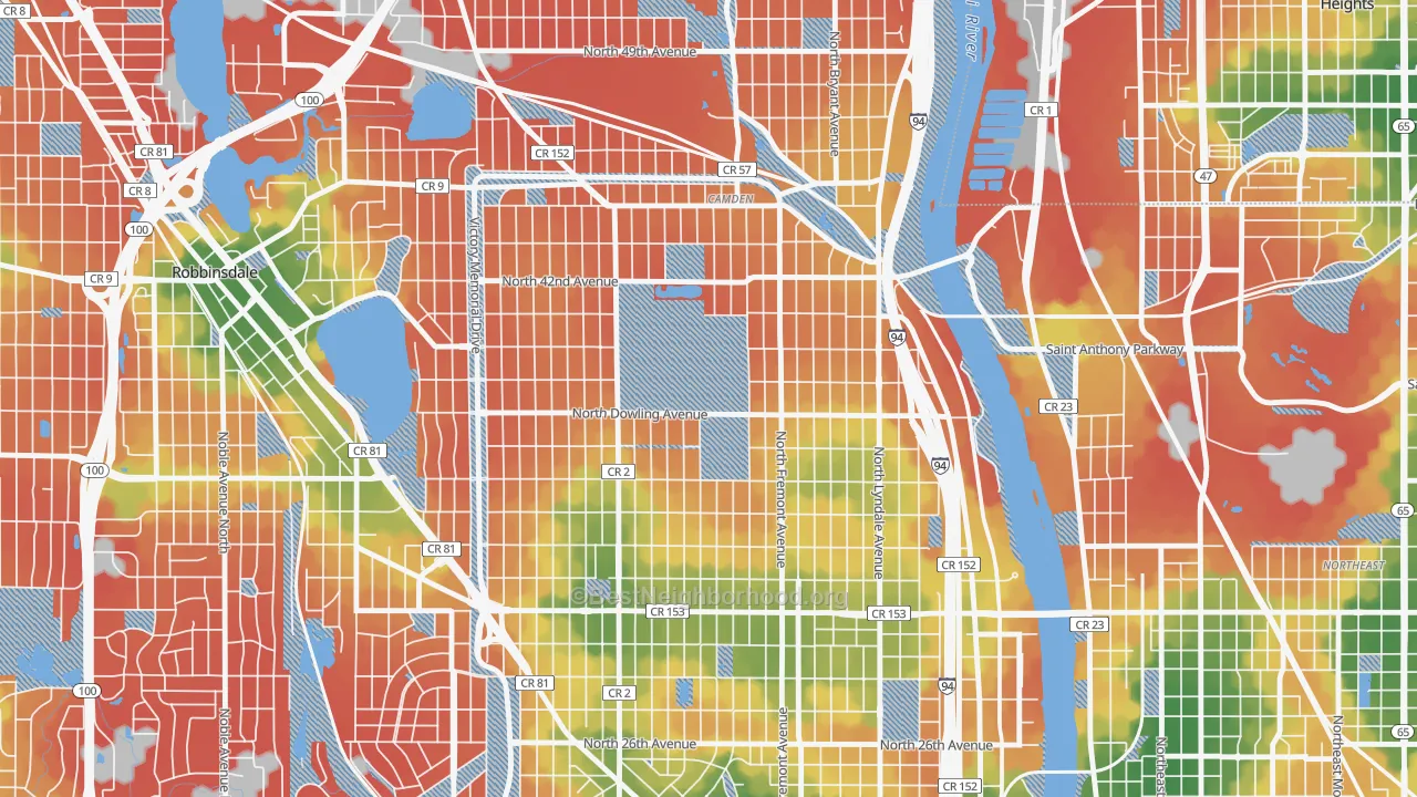 Walk Grade map of 55412, MN, walkable areas in green and car-dependent areas in red