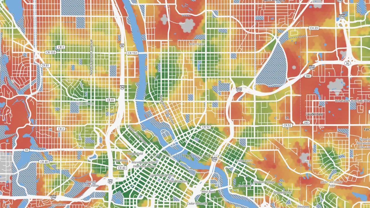 Walk Grade map of 55413, MN, walkable areas in green and car-dependent areas in red
