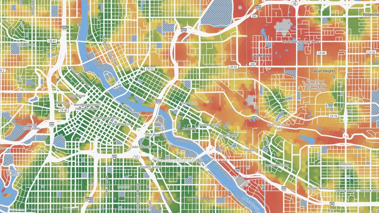 Walk Grade map of 55414, MN, walkable areas in green and car-dependent areas in red