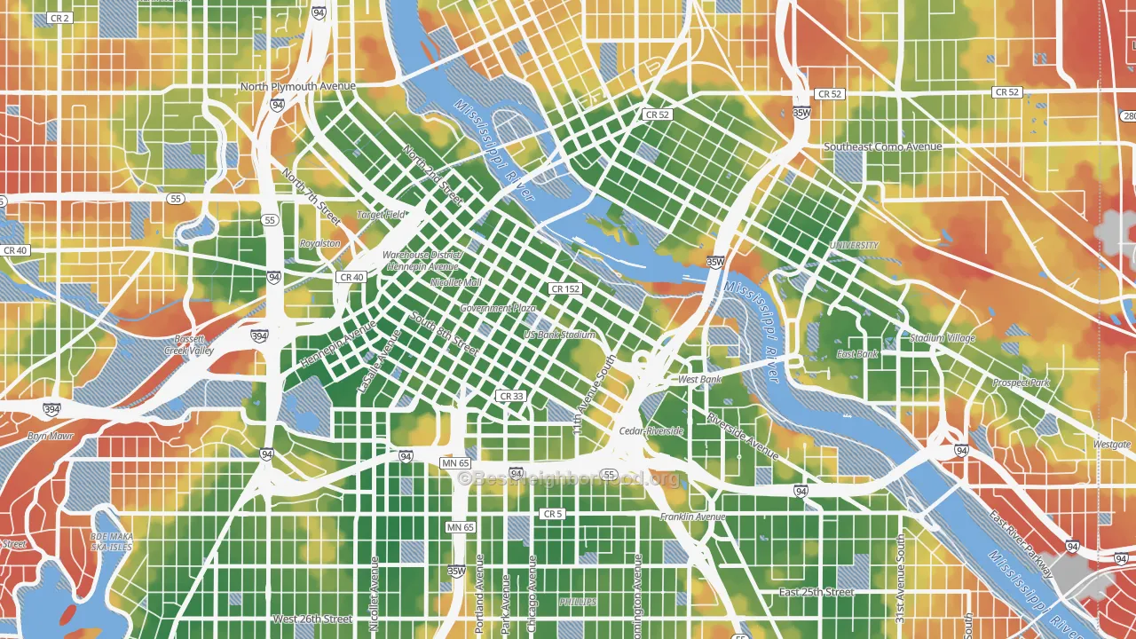 Walk Grade map of 55415, MN, walkable areas in green and car-dependent areas in red