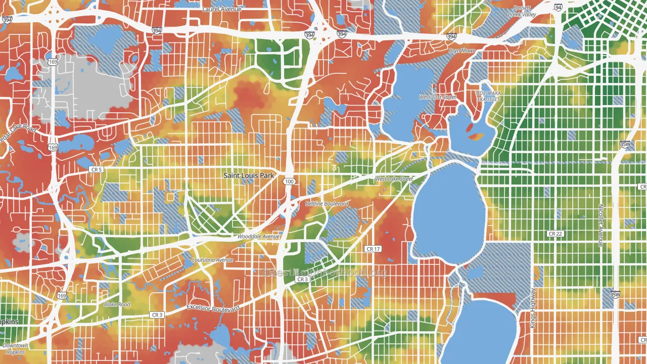 Walk Grade map of 55416, MN, walkable areas in green and car-dependent areas in red