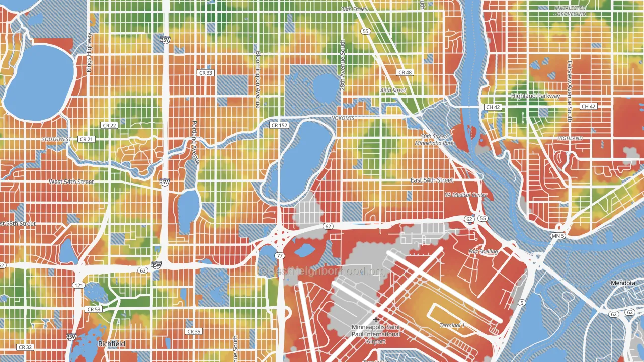 Walk Grade map of 55417, MN, walkable areas in green and car-dependent areas in red