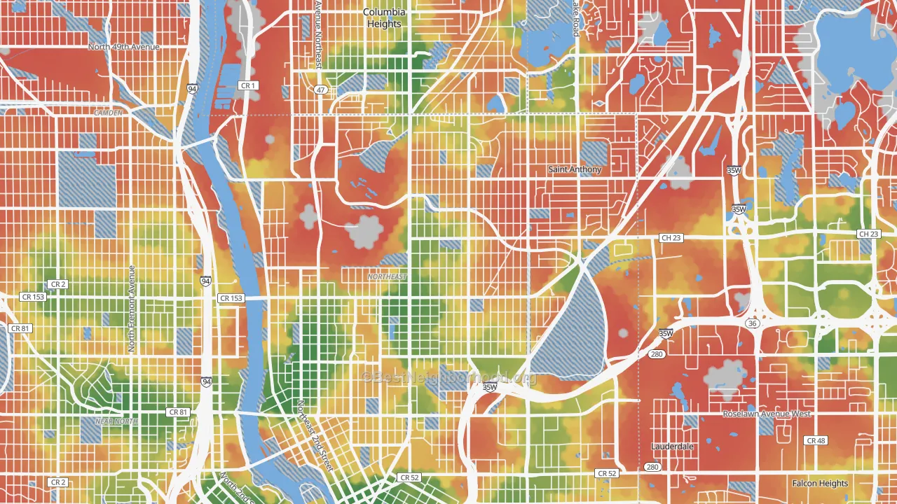 Walk Grade map of 55418, MN, walkable areas in green and car-dependent areas in red