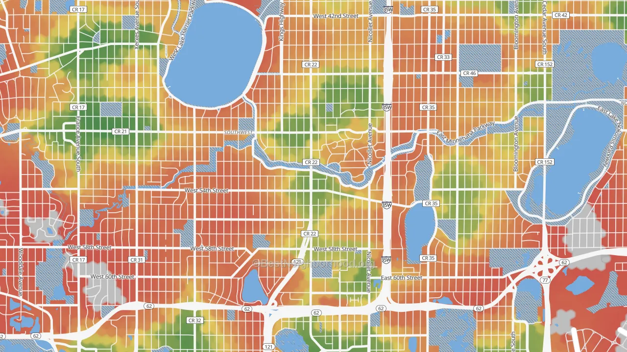 Walk Grade map of 55419, MN, walkable areas in green and car-dependent areas in red