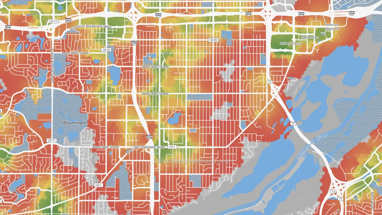 Walk Grade map of 55420, MN, walkable areas in green and car-dependent areas in red