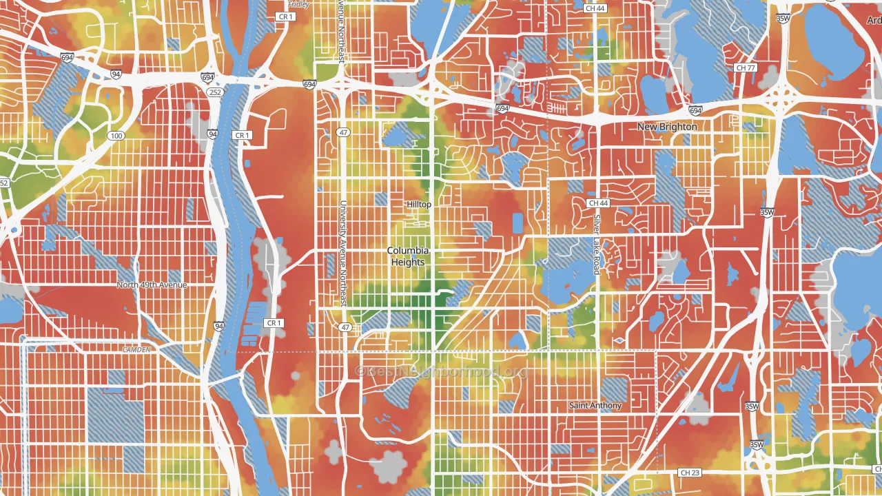 Walk Grade map of 55421, MN, walkable areas in green and car-dependent areas in red