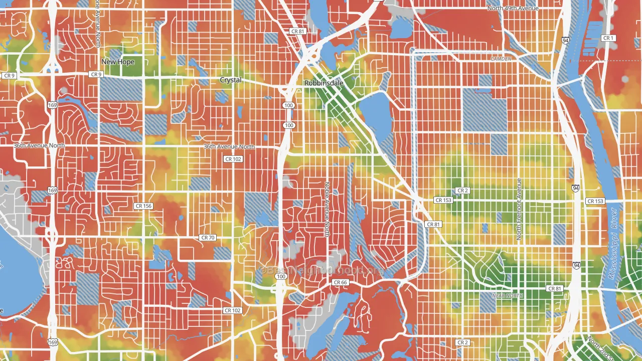 Walk Grade map of 55422, MN, walkable areas in green and car-dependent areas in red