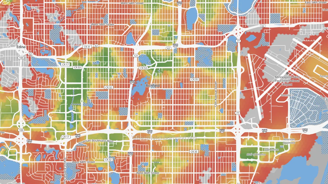 Walk Grade map of 55423, MN, walkable areas in green and car-dependent areas in red