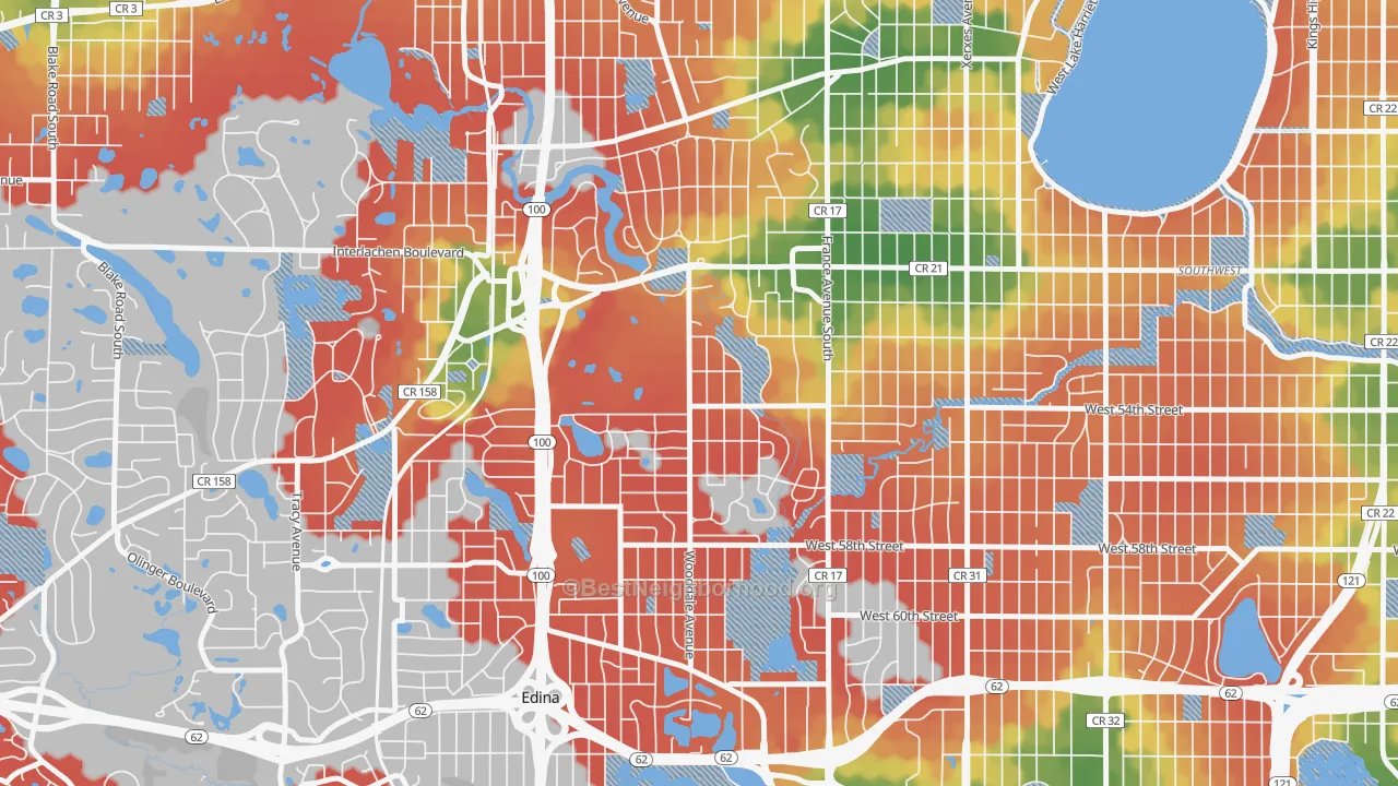 Walk Grade map of 55424, MN, walkable areas in green and car-dependent areas in red