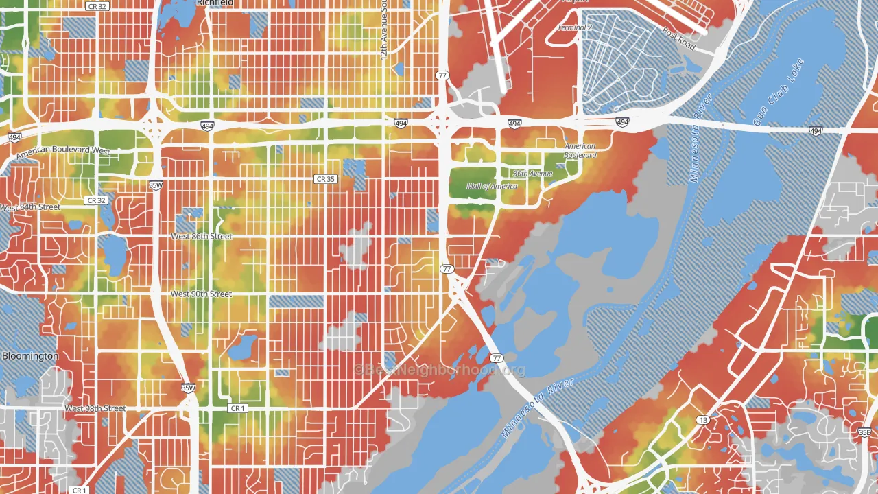 Walk Grade map of 55425, MN, walkable areas in green and car-dependent areas in red