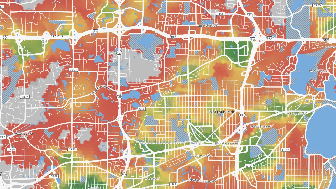 Walk Grade map of 55426, MN, walkable areas in green and car-dependent areas in red