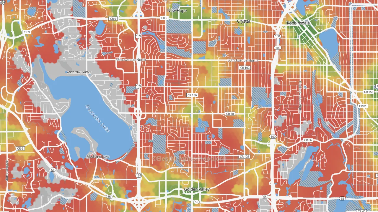 Walk Grade map of 55427, MN, walkable areas in green and car-dependent areas in red