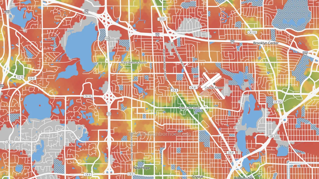 Walk Grade map of 55428, MN, walkable areas in green and car-dependent areas in red