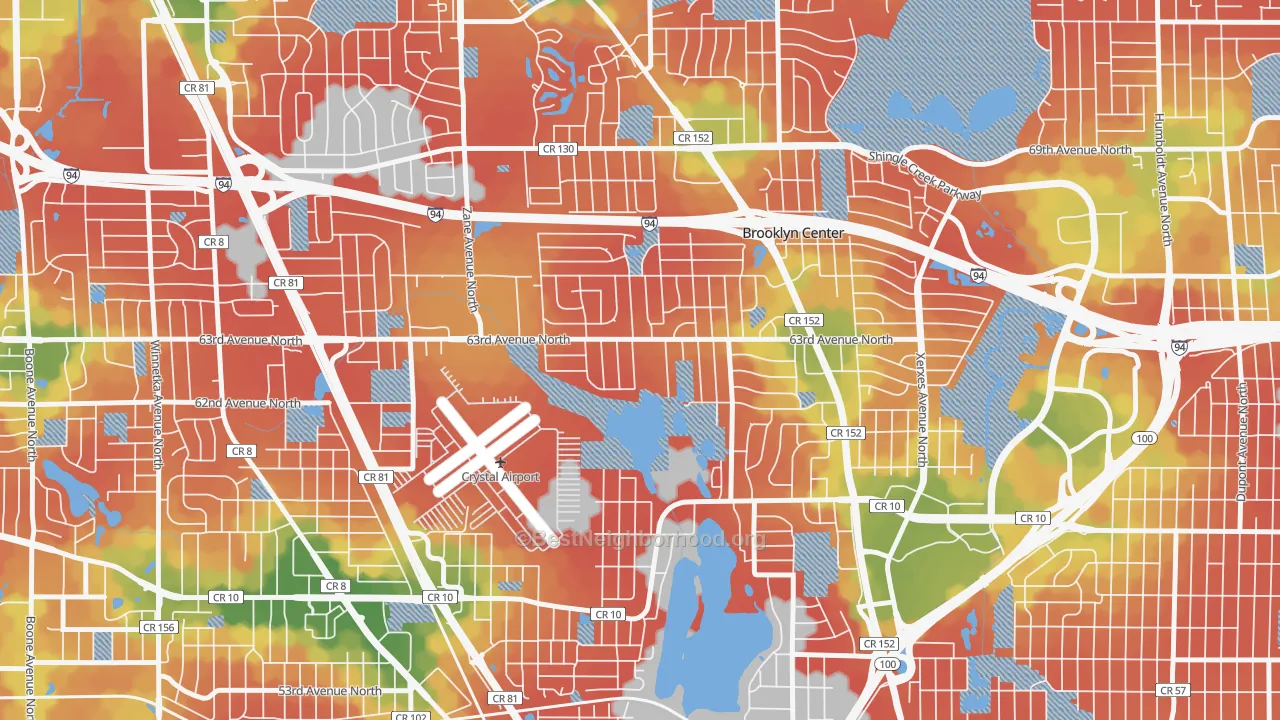 Walk Grade map of 55429, MN, walkable areas in green and car-dependent areas in red