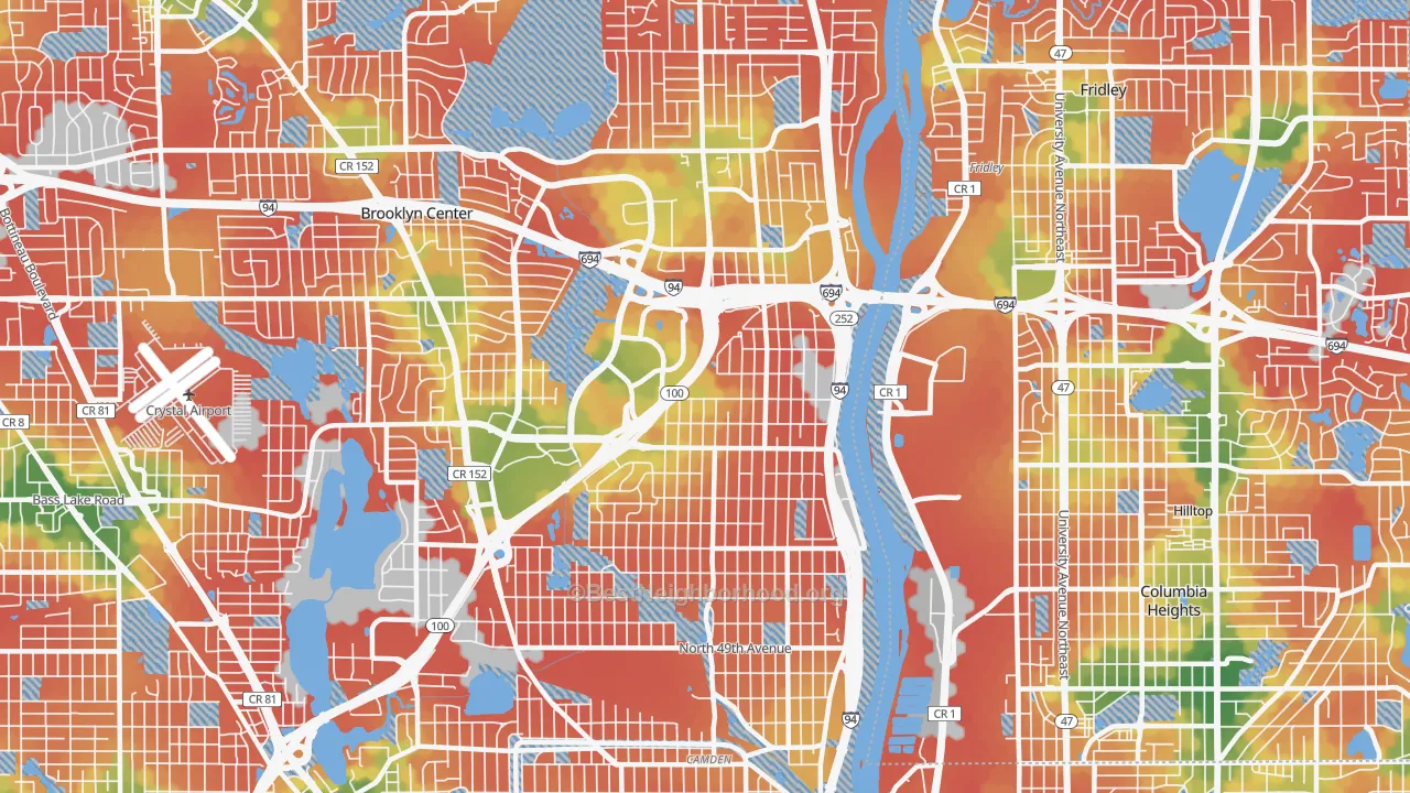 Walk Grade map of 55430, MN, walkable areas in green and car-dependent areas in red