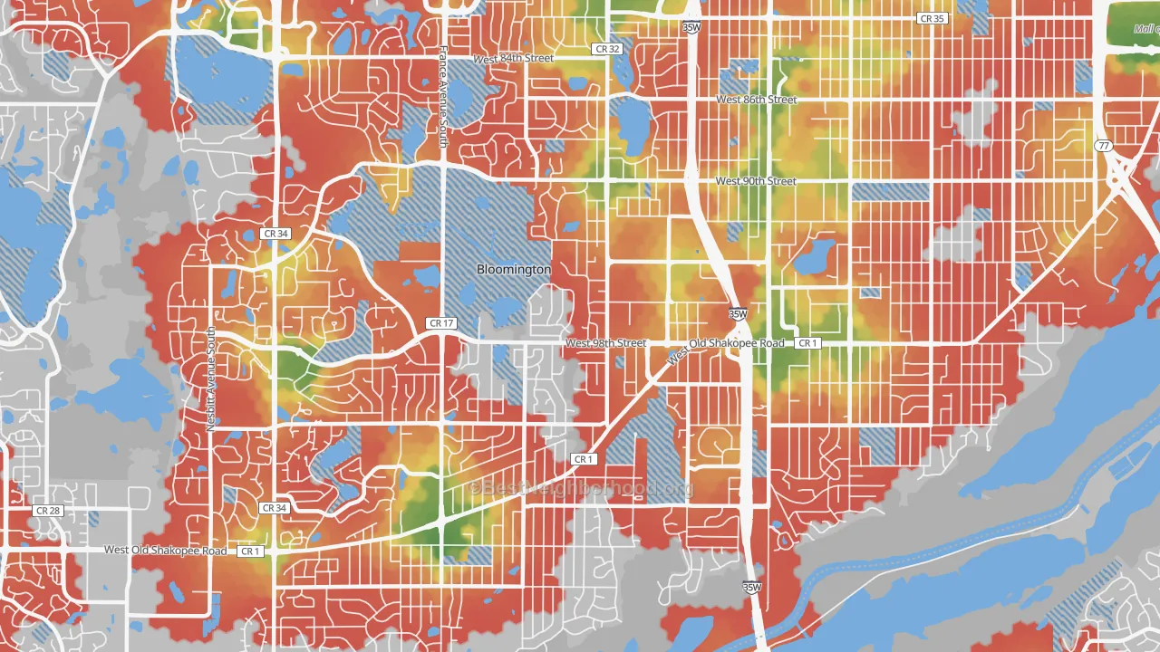 Walk Grade map of 55431, MN, walkable areas in green and car-dependent areas in red