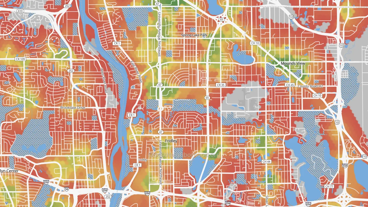 Walk Grade map of 55432, MN, walkable areas in green and car-dependent areas in red