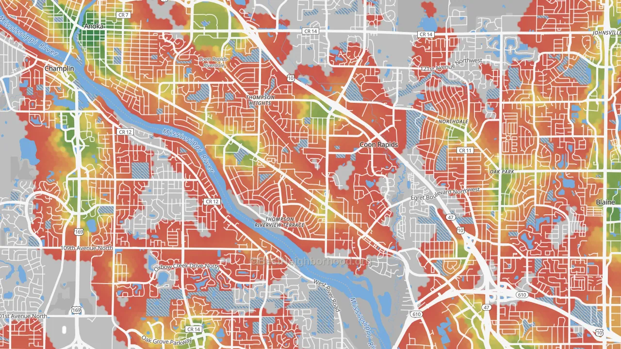 Walk Grade map of 55433, MN, walkable areas in green and car-dependent areas in red