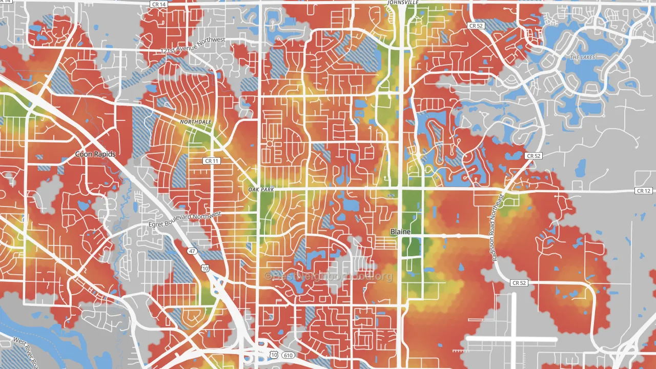 Walk Grade map of 55434, MN, walkable areas in green and car-dependent areas in red