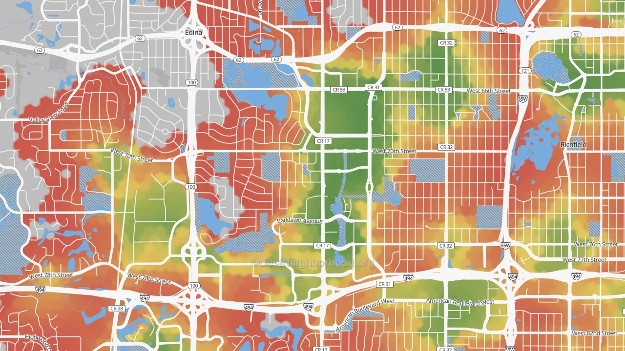 Walk Grade map of 55435, MN, walkable areas in green and car-dependent areas in red