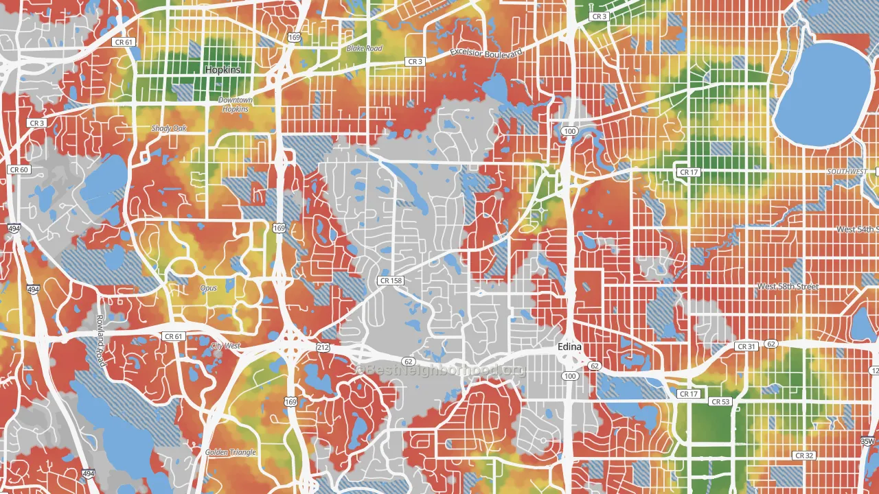Walk Grade map of 55436, MN, walkable areas in green and car-dependent areas in red