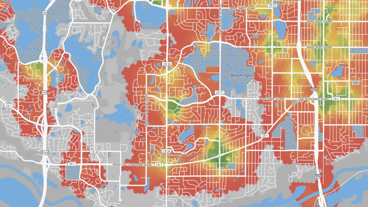 Walk Grade map of 55437, MN, walkable areas in green and car-dependent areas in red