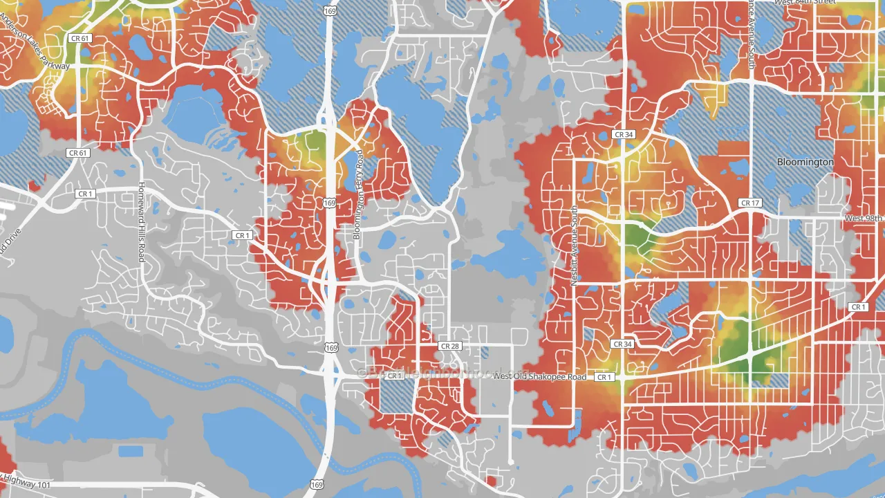 Walk Grade map of 55438, MN, walkable areas in green and car-dependent areas in red
