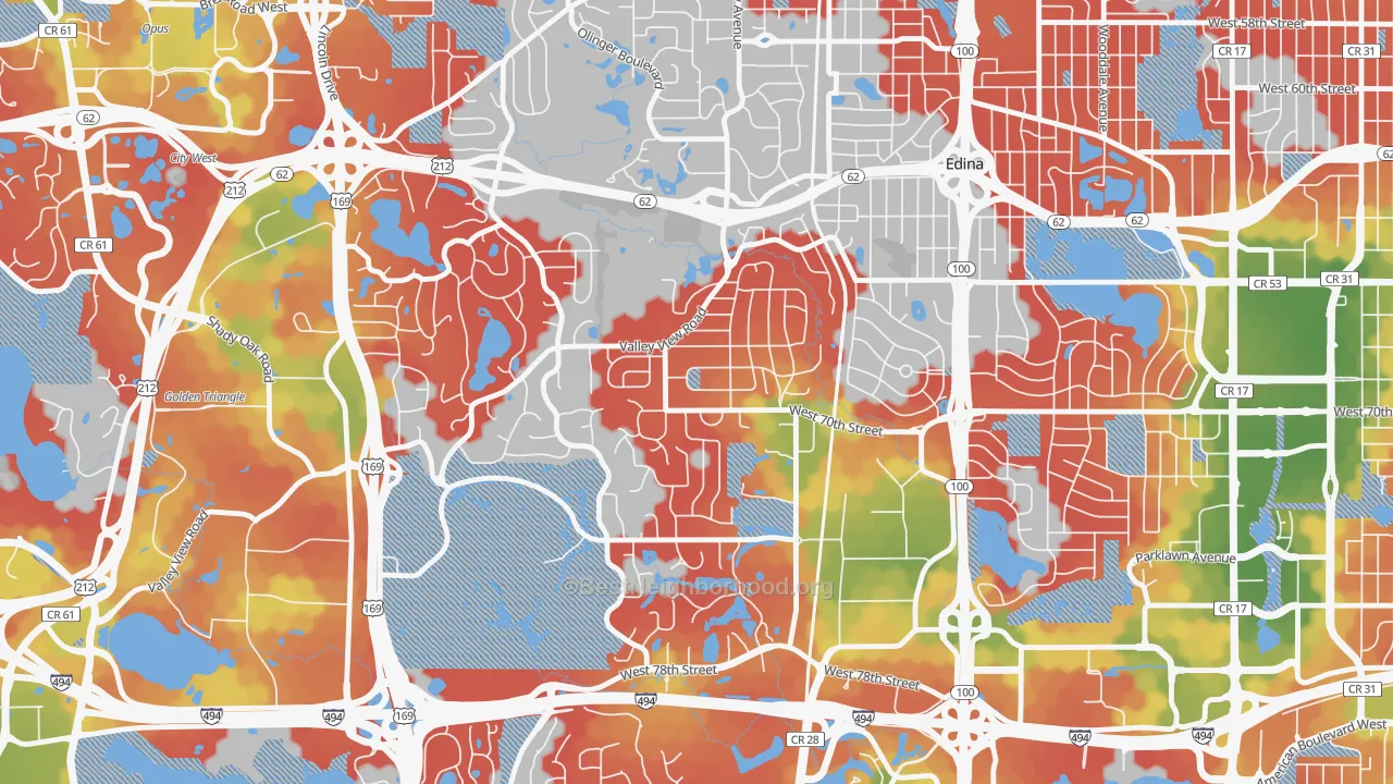 Walk Grade map of 55439, MN, walkable areas in green and car-dependent areas in red
